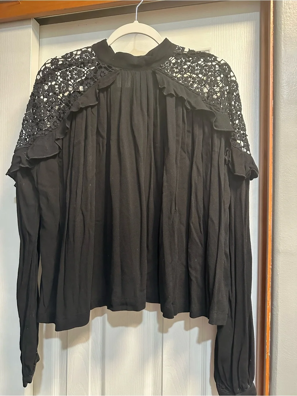 Free People Black Crochet Yoke Ruffle Long-Sleeve Blouse
